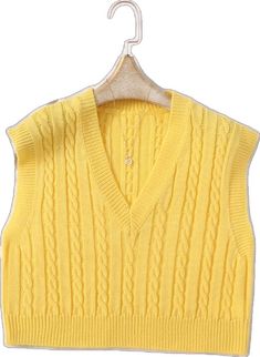 Yellow Knitted V-neck Top, Casual Yellow V-neck Vest, Yellow Knit V-neck Sweater, Knitted V-neck Sweater Vest For Spring, Trendy Yellow V-neck Sweater, Yellow V-neck Vest For Spring, Yellow Cable Knit Sweater, Cable Knit Sweater Vest, Loose Vest