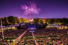 an outdoor concert with fireworks in the sky