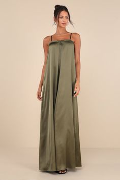 Modern Poise Olive Green Satin Pleated Sleeveless Maxi Dress Chic Solid Color Sleeveless Satin Dress, Chic Satin Finish Maxi Dress With Spaghetti Straps, Satin Maxi Dress With Spaghetti Straps, Spring Modal Satin Dress With Spaghetti Straps, Sleeveless Solid Satin Dress, Green Sleeveless Satin Slip Dress, Strapless Satin Slip Dress For Summer, Chic Sleeveless Satin Dress With Adjustable Straps, Summer Satin Maxi Dress With Straight Neckline