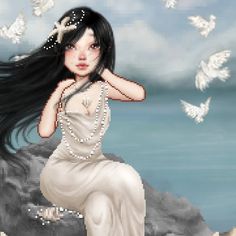 a digital painting of a woman with long black hair and pearls on her head sitting in front of the ocean