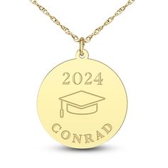 A shimmering high-polish pendant is personalized with name and year of the big graduation date in this meaningful men's pendant necklace. Fashioned in 14K yellow gold, the 22-inch rope chain secures in place with a lobster clasp. Personalized Gold Necklace For Graduation Gift, Elegant Gold Jewelry For Graduation, Mens Necklace Pendant, Jared The Galleria Of Jewelry, Mens Pendant, Rope Chain, Personalized Jewelry, Lobster Clasp, Mens Jewelry