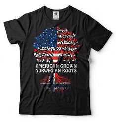 "American Grown Norwegian Roots T-Shirt Norway Patriotic Tee Shirt This ULTRA COTTON UNISEX T-shirt is made of Pre-shrunk 100% cotton, 6.1-ounce. * Seamless double-needle 7/8\" collar, Double-needle sleeves and hem, Taped neck and shoulders Our T Shirts and Hoodies are Printed by advanced technology Digital Printer on 100% Ultra Cotton tees and hoodies . We use waterbased textile ink, Safest ink type for everyone. Each T shirt is Made individually and double checked for quality before sending. # American Style T-shirt Made In Usa For Independence Day, Patriotic Tee Shirts, American Flag Cotton T-shirt For Independence Day, Americana Cotton T-shirt For Independence Day, The Roots T-shirt, Patriotic Long Sleeve T-shirt With American Flag Print, Patriotic Tees, Digital Printer, American Shirts