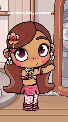 a cartoon girl is standing in front of a mirror with her hand on her hip