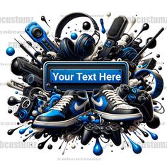 a pair of sneakers and headphones surrounded by splashing blue paint with the words your text here