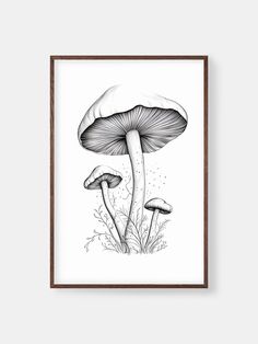 a black and white drawing of two mushrooms