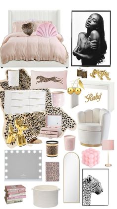 a collage of pink, gold and white items including bedding, pillows, mirror, lamp, leopard print