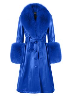 Color: Blue Faux Fur Collar Material: Sheepskin Fully Lined Belt Included Lining: Polyester Single Breasted Sample Size: S Delicate dry clean Protect accessory before washing Made-to-order (MTO) style Please allow additional 3-5 days for MTO order to be processed Style № ZC_NYC23_Foxy Leather Coat w/ Fox Fur In Blue Styled with Z' Diamante Detail Over The Knee Boot Fitted Blue Fur Coat With Faux Fur Trim, Chic Blue Fur Coat, Blue Winter Outerwear For Evening, Luxury Blue Outerwear For Evening, Luxury Blue Evening Outerwear, Elegant Blue Leather Outerwear, Foxy Brown, Yellow Blazer, Fur Collar Coat