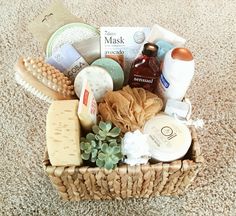 a basket filled with lots of different types of skin care products on top of a carpeted floor