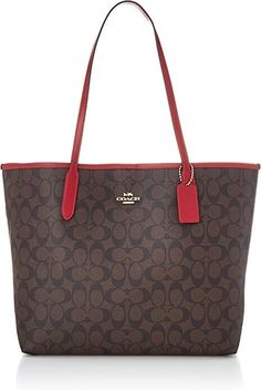 Coach Signature City Tote      Style: 5696      Color: Brown 1941 Red      Retail Price: $350.00 + Tax   .  Signature coated canvas with leather trim .  Magnetic snap closure/Unlined  .  Inside zip pockets  .  Handles with 10" drop .  Gold tone hardware .  Approx.: 13" (L) x 11 1/2" (H) x 6" (W)\ NWT ITEM COMES FROM A PET/SMOKE FREE ENVIRONMENT Classic Monogram Canvas Bag With Zipper Closure, Monogram Canvas Shoulder Bag With Zipper For Shopping, Monogram Canvas Shoulder Bag For Shopping, Monogram Canvas Shoulder Bag For Shopping With Zipper, Red Monogram Canvas Shoulder Bag, Red Monogram Canvas Shoulder Bag For Everyday Use, Red Monogram Canvas Bag For Shopping, Designer Red Coated Canvas Bag, Red Coated Canvas Top Handle Shoulder Bag