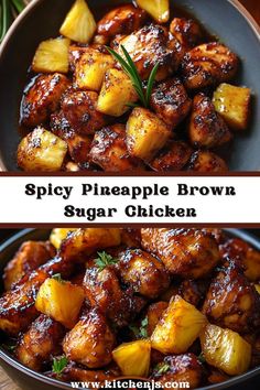 spicy pineapple brown sugar chicken in a bowl with the words spicy pineapple brown sugar chicken