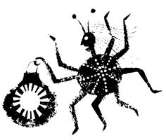 a black and white drawing of a bug holding a round object in it's right hand