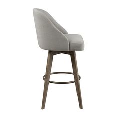 an upholstered stool with wooden legs and a grey fabric seat, against a white background