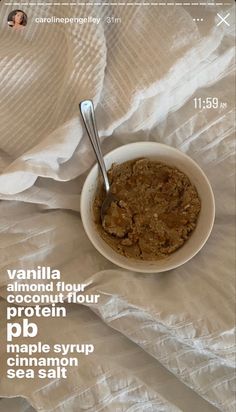 a bowl of oatmeal on a bed with the text vanilla almond flour protein