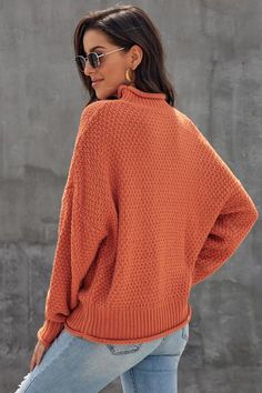 Orange Oversized Chunky Batwing Long Sleeve Turtleneck Sweater Loose Knit Jumper, Jeans Joggers, Street Party, Graphic Tank Tops, Thick Sweaters, Womens Turtleneck, Graphic Apparel, Long Sleeve Turtleneck, Loungewear Set