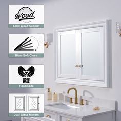 the bathroom cabinet is white with gold handles and pulls on it's doors, which are also labeled