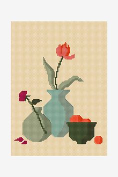 a cross stitch pattern with flowers in vases