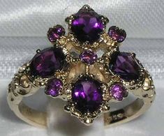 Large English Victorian Style Solid 9K Yellow Gold Natural Amethyst Anniversary Ring, Unique Rhombus Amythest Jewelry, Rhombus Ring, Amethyst Engagement Ring, Amethyst Ring Engagement, Amethyst Jewelry, Victorian Style, Purple Amethyst, Solid Yellow, Purple Gold