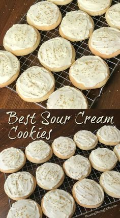 cookies with white frosting and sprinkles are on a cooling rack next to the words best sour cream cookies