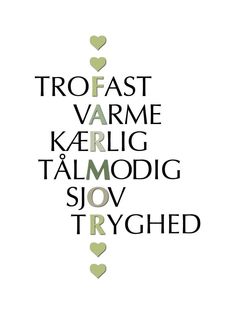 the words are written in black and green on a white background, with hearts above them