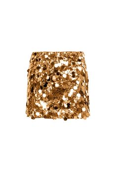 Dazzle in our eye-catching Oceane Bronze Disc Mini Skirt. With its mini length and high shine, sequin embellishments, this piece is sure to make a statement. The high rise and rear zip fastening add a touch of convenience to its stunning design. Indulge in the luxurious feel and confident look of this must-have skirt! 100% Polyester Hand wash