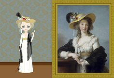 a painting of a woman in a dress and hat next to an image of a lady with a bird on her shoulder