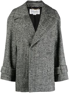 white/black virgin wool blend cotton blend tweed notched lapels concealed front button fastening long sleeves belted cuffs two side welt pockets straight hem full lining Oversized Pea Coat, Peacoat Women, Designer Jackets, Fantasy Gowns, Airport Fashion, Saint Germain, Jacket Design, Outerwear Coats, Office Wear