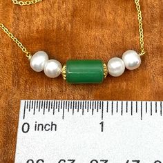 Jade and Pearl Horizontal Pendant Green Pearl Necklace For Gift, Elegant Jade Necklace With Adjustable Chain, Green Pearl Pendant Necklace, Green Pearl Chain Jewelry As A Gift, Green Jade Jewelry With Adjustable Chain, Green Pearl Necklace For Gifting, Green Pearl Necklace As A Gift, Green Necklace With Adjustable Chain For May Birthstone, Adjustable Necklace With May Birthstone