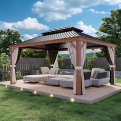 an outdoor gazebo with couches and lights around it