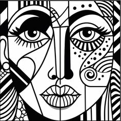 a black and white drawing of a woman's face with abstract lines on it