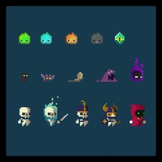 an old school pixel art style video game with different characters and colors on the screen