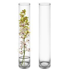 two tall vases with flowers in them on a white background, one is empty