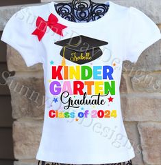 A bright, colorful Kindergarten Graduation shirt, personalized with your child's name and the year.  If you prefer Class of 3036 for high school, just request that on the order form.  If you are looking for a Preschool version, just request that on the order form as well. All shirts are 100% cotton.  I use a professional heat press to transfer the image, NOT a home iron.  The puffy sleeve tee comes in sizes 12 month - size 12 . I also carry the same brand shirt in a tank top style as well as lon Personalized T-shirt For End Of School Year, Customizable White T-shirt For End Of School Year, Customizable T-shirt For Back To School Events, Multicolor School Shirt For End Of School Year, Multicolor Shirt For End Of School Year, Customizable Multicolor T-shirt For School, Multicolor Custom Print School Shirt, Multicolor Shirt For School, Customizable School Spirit T-shirt For Birthday