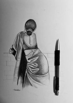 a pencil drawing of a woman leaning against a wall with her back to the camera