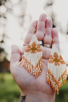 Handmade in Kenai, Alaska. Hypoallergenic hooks. Brick stitch and fringe. Brick Stitch Earrings, Brick Stitch, Hand Beading, Chandelier Earrings, Handmade Earrings, Alaska, Beaded Earrings, Etsy Earrings, Copper