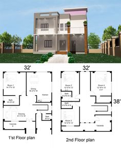 two story house plan with floor plans and measurements