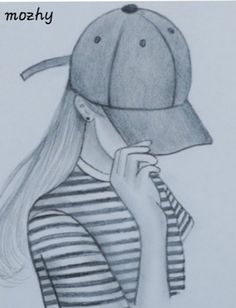 a drawing of a girl wearing a baseball cap