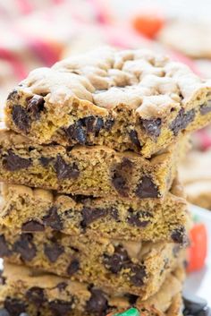 chocolate chip cookie bars stacked on top of each other