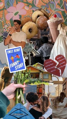 collage of people holding signs and kissing in front of a wall with donuts on it