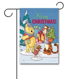 a merry christmas card with winnie the pooh and tiggers holding presents in their hands