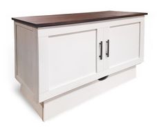 a white cabinet with two doors and a brown top