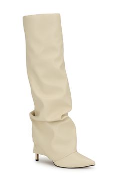 A slouchy, layered shaft ups the statement-making potential of this pointy-toe boot balanced on a slender heel. 3 1/4" heel 16" shaft; 14" calf circumference Pull-on style Synthetic upper, lining and sole Imported Cute Knee Boots, Fall Heel Boots, Kitty Heel Boots, Fall Knee High Boots, Tall Fall Boots, Statement Boots, Boot Heels, Boots For Women, Fall Boots