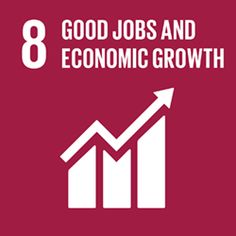 the 8 decent work and economic growth logo with an arrow pointing up in white on a red background