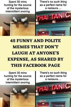 there are four different signs on the front of a restaurant that says, funny and polite memes that don't laugh at anyone's expenise, as shared by this facebook page