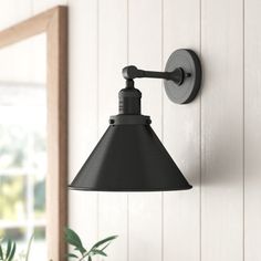 a black lamp is on the wall next to a potted plant