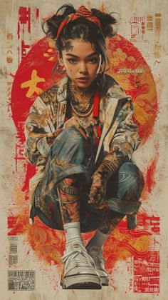 a woman with tattoos sitting on top of a poster