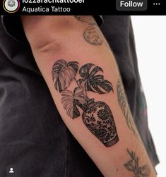 a tattooed arm with a vase and plants on it