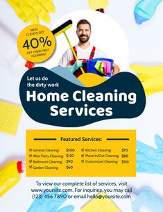 the flyer for cleaning services is shown in blue and yellow