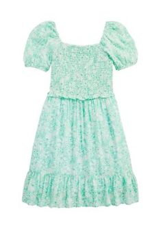 A lovely pattern and smocked details bring a charming update to this classic square-neck dress from Vineyard Vines. | Vineyard Vines Girls 7-16 Puff Sleeve Smocked Dress, Green, Small Trendy Square Neck Dress With Smocked Bodice, Green Smocked Dress With Square Neck And Ruffles, Casual Green Smocked Dress With Square Neck, Green Smocked Dress With Square Neck, Summer V-neck Ruched Smocked Dress, Spring Ruched V-neck Smocked Dress, Summer Smocked V-neck Dress With Ruched Details, Summer V-neck Smocked Sundress, Green V-neck Smocked Summer Dress