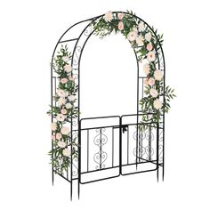 an iron arch with flowers and greenery on the top, isolated against a white background