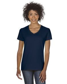 Ladies' Heavy Cotton™ 5.3 oz. V-Neck T-Shirt - NAVY - S | Gildan Women's Heavy Cotton V-Neck T-Shirt in Navy Blue Size Small Radiant Orchid, Fourth Of July Shirts, V Neck Shirt, Bright Purple, Patriotic Shirts, Lady V, Grandma Gifts, Neck Shirt, V Neck Tee